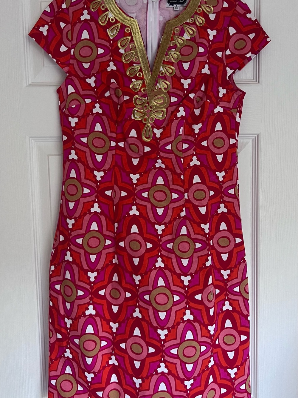 Mud Pie Pink, Red & Gold Geometric Shift Dress